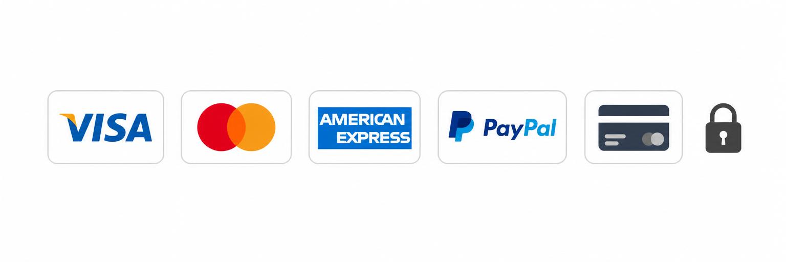 Métodos de pago aceptados: Visa, Mastercard, American Express, PayPal y tarjeta de crédito