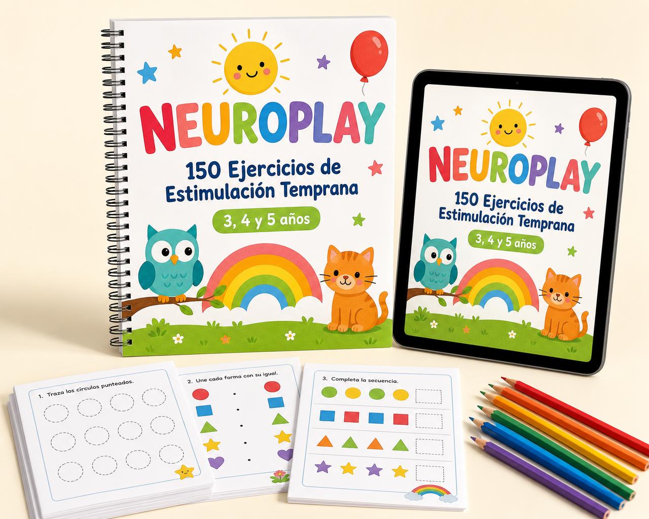Cuadernillo NEUROPLAY completo con hojas de actividades y lápices de colores
